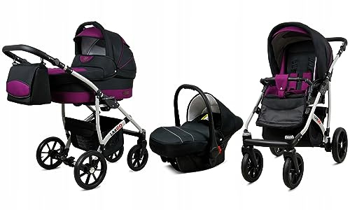 BabyLux® Kinderwagen Set 3 in 1 - Largo - incl. Babywanne, Buggy Sportsitz, Auto-Babyschale - Autositz - Kinderwagenset - Kombikinderwagen mit Wickeltasche, Regenschutz usw.