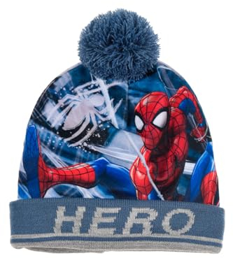Marvel Spiderman Mütze für Jungen, Wintermütze für Jungen, Maschen Set-Mütze, Bommelmütze, Winter Accessoires für Kinder - Blau