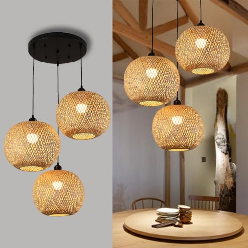 DHGIE Suspension Plafond en Bambou et Osier Naturel Vintage, Culot Noir E27*3, Abat-Jour en Rotin, Lampadario Industriel pour Salle à Manger, Cuisine, Salon