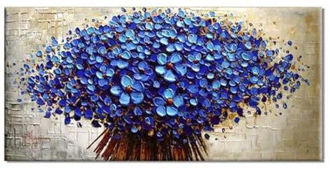 XIUWOUG Ölbilder Auf Leinwand 100% Handgemalt, Moderne Abstrakte blau Palette Blume Messer Malerei Gemälde Handgemalt | Acrylgemälde | Acrylbild I Kunstbilder,120x60cm(With frame)