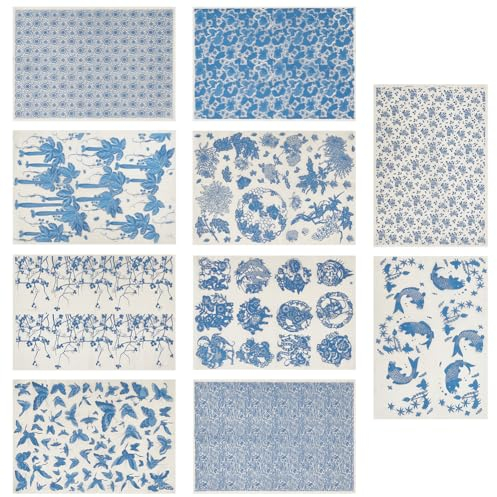 WEBEEDY 10 Stile Unterglasur-Transfers Keramik-Abziehbilder Blaues Muster Porzellan-Keramik-Ton Glasur-Transferpapierbögen Für Töpferkunst Überglasur-Emaille-Aufkleber Wasserrutsch-Aufkleber