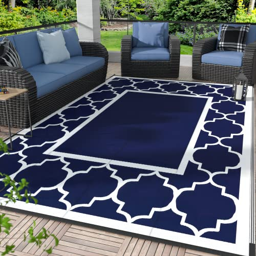 GENIMO 120x180cm Outdoor Teppich Wetterfest, Wasserdicht für Terrassendekoration, Faltbare, Wendbare Kunststoff-Strohteppichmatte für Wohnmobile, Außenteppich für Wohnmobil, Deck, Blau und Weiß