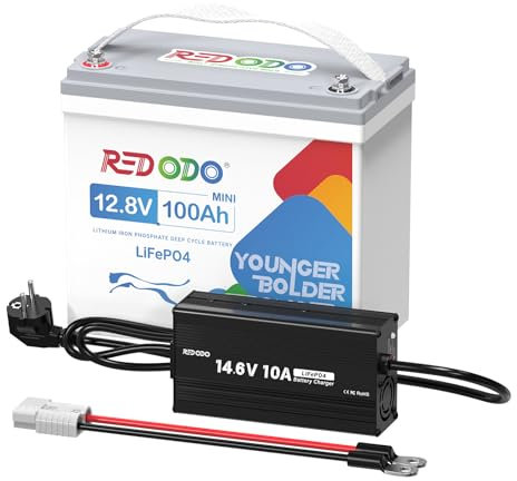 Redodo 12V 100Ah LiFePO4 Mini Lithiumbatterie mit 14,6V 10A Ladegerät, verbessertes 100A BMS Schutz, 10 Jahre Lebensdauer mit bis zu 15.000 Zyklen, max. 1280Wh, LiFePO4-Akku für Wohnmobile