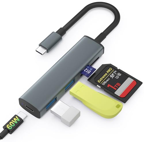 TIANSONG - Lector de tarjetas USB C SD con adaptador de cargador PD de 60 W, lector de tarjetas de memoria con puertos USB duales, 4 puertos, lectura y escritura simultáneamente para iPhone 15, iPad