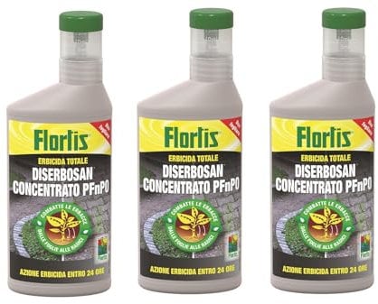 Flortis Diserbosan erbicida concentrato. Pack da 3pz di erbicida totale contro erbe infestanti, muschi, alghe. Diserbante totale. Utilizzo fogliare. Diserbante per erbacce a rapido effetto. 500ml.