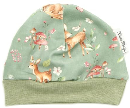 Kleine Könige Mütze Baby Mädchen Beanie · Modell Blumen REH Sweet Deer, Oliv meliert · Ökotex 100 Zertifiziert · Größe 122/128