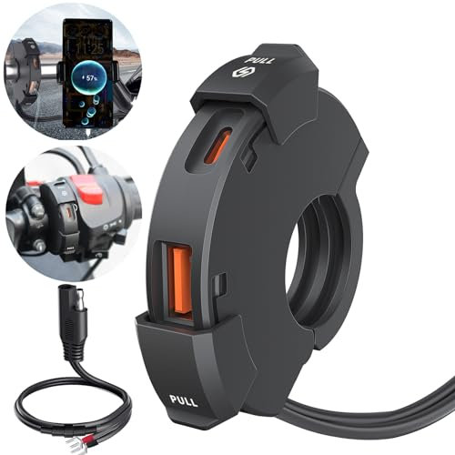 Chargeur USB étanche avec deux ports de charge rapide – 30 W Type-C et QC 3.0 18 W Chargeur rapide USB pour téléphone, tablette et GPS, adaptateur de guidon de moto pour motos DC 12 V-24 V