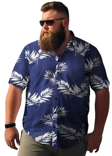 Weecreeture Big and Tall Herren Hawaiihemd Kurzarm Tropische Blumen Button Down Casual Sommer Strand Hemd, Navy Monstera, 6XL