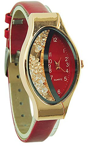 Damen-Armbanduhr Sandtyp Semilunar feine Wristuhr Damenuhr kleine Ellipse Damenuhr Sportband Ansehen Zugarm Band (Red, One Size)