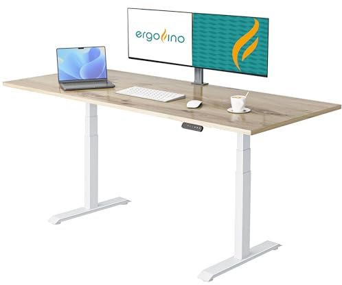 Ergofino höhenverstellbarer Schreibtisch 200x100 cm, elektrisch Schreibtisch mit GS-Zertifiziert, 2 Motoren, 3-Fach Teleskop, 3 Memoryfunktion, Gestell Weiß inkl. Asteiche Tischplatte