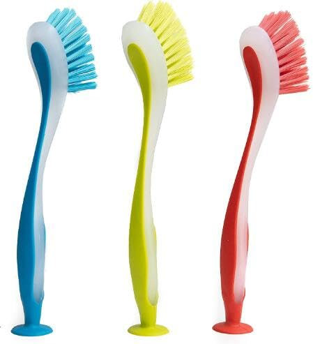 Generisch Scheuerbürste 3-teilige Reinigungsbürste für Küchenutensilien, Saugnapf, Langer Griff, Bunte Spülbürste, Reinigungsbürste Fensterrahmen Reiniger Bürste (Red, 35x10x3cm)