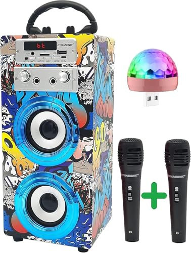 DYNASONIC Macchina Karaoke Portatile, 2 Microfoni, Altoparlante Bluetooth, Luci, Lettore USB e SD (025-16 lights)