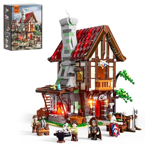 FUNWHOLE Mittelalterlicher Schmiede Bauklötze Set mit LED Licht 1595 Pcs Medieval Forge House Klemmbausteine Mittelalter Spielzeug für Erwachsene und Jugendliche