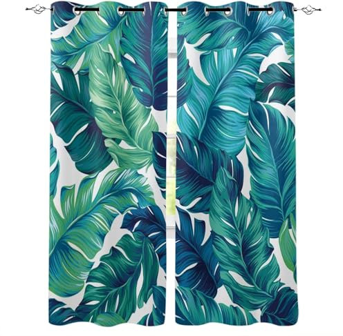 3D Drucken Gardinen Tropische Palmenblätter Wohnzimmer Vorhänge, Tropische Palmenblätter Vorhang Blickdicht Ösen Wärmeisolierend Gardine, Schlafzimmer Deko Curtain 2 Stücke 75 x 166 cm BxH q7542