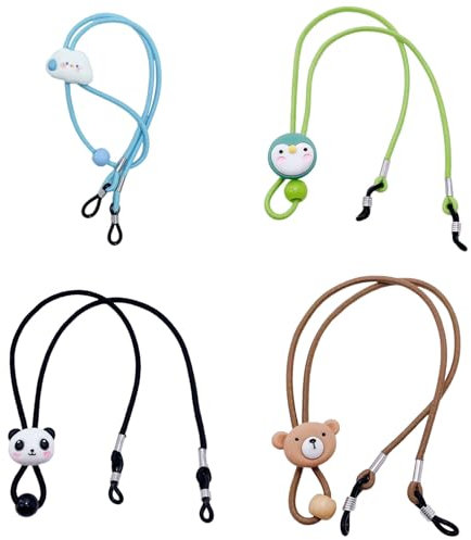 DBAILY Lot de 4 cordons à lunettes réglables pour femmes, enfants, hommes (ours marron, nuage smiley bleu, panda noir et blanc + pingouin vert, marron, taille unique
