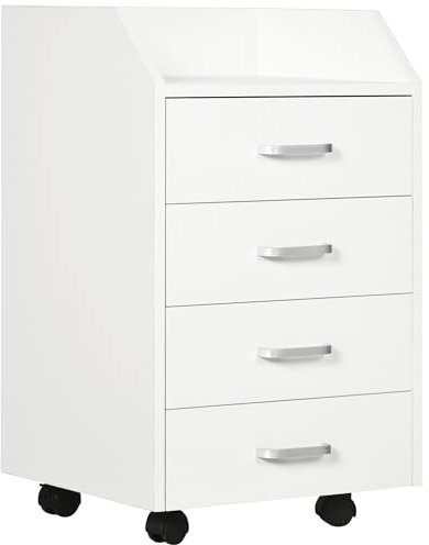 Vinsetto Cassettiera da Ufficio con 4 Cassetti Salvaspazio, Mobile per Ufficio con Rotelle e Bordi Rialzati, per Documenti e Cancelleria, 40x36x65cm, Bianco