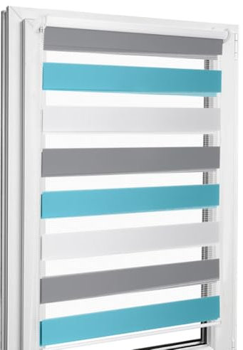 Home-Vision® DuoRollo Klemmfix, Doppelrollo ohne Bohren mit Klämmträgern, DuoRollos für Fenster und Türen (Weiß-Grau-Blau, B55cm x H130cm)