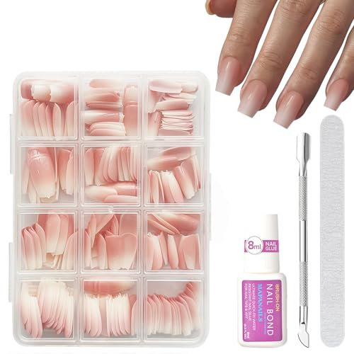 Press On Nails French Tip - 240 PCS Gradient Medium Square French False Nails Kit - Nude Pink Color Coffin Fake Nails - Natural Glossy Full Cover Acrylic Stick On Nails For Women Nail Art Manicure