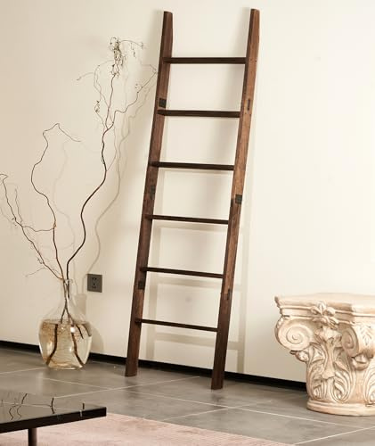 Blanket Ladder for the Living Room 6-Tier, Wooden Decorative Quilt Holder for Bed room, Wall-Leaning Towel Rack for Bathroom,Rustic Farmhouse Ladders for Display. (Dark Brown)