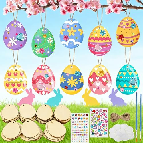 Scinzene 69 Teile Ostern Basteln Kinder Set - Holz Eier Bastelset für Ostern - Ostereier zum Bemalen DIY Osterdekoration mit Pinseln, Palette & Aufklebern - Kreatives Basteln für Frühling & Feiertage