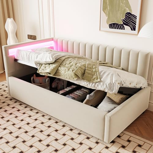 Polsterbett Schlafsofa Einzelbett 90x200, Jugendbett Hydraulisch Stauraumbett mit Stauraum&Lattenrost&LED Kopfteil, Kinderbett Tagesbett Funktionsbett Bettgestell, Samtstoff, Ohne Matratze, Beige