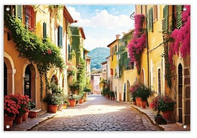 artissimo Garten-Poster 90x60cm PE6738-GP wetterfestes Outdoor-Poster, mediterranes Gartenbild Italien Gasse mit Blumen, Wanddeko für draußen