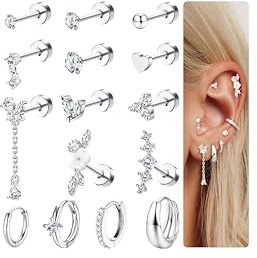 MOGASA Piercing Cartilage Oreille Anti - Allergie 316L Acier Inoxydable Conch Piercing Helix Boucle D'oreille Femme Argent Daith Tragus Piercings Vis Boucles D'oreilles Femme 14K Plaqué or Bijoux Kit