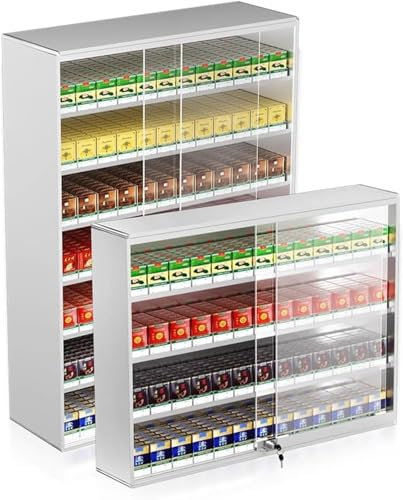 KJHYYPP Présentoir à Cigarettes en Aluminium,Porte coulissante en Verre trempé avec Serrure Étui à Cigarettes Vitrine de Vente au détail,10packs-5-layers15columns
