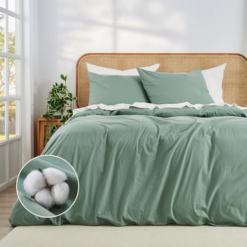 Duvetnova Bettwäsche 135x200 Baumwolle 4teilig Grün Salbeigrün Superweiche 100% Vorgewaschene Baumwolle ÖKO-TEX Sommerbettwäsche 2 Bettbezüge 135 x 200+ 2 Kissenbezüge 80x80 alle mit Reißverschluss