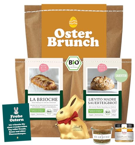 Feinkost Ostergeschenk Osterbrunch - Osternest mit Bio Brotbackmischung, Brioche, Honig & Osterhase - Geschenkkorb fürs Osterfrühstück - Bake with Love