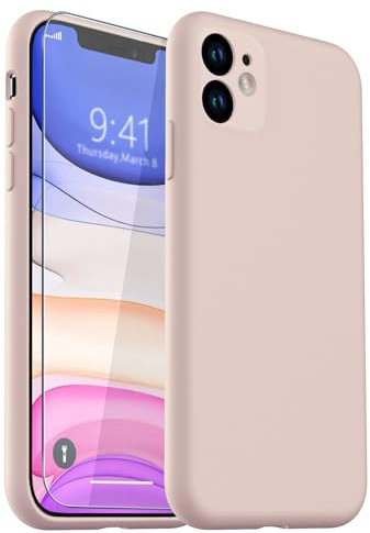 CASELIVE for iPhone 11 Case, Liquid Silicone Case with [Tempered Glass Screen Protector] Full Body Shockproof Soft Anti-Scratch Phone Case for iPhone 11 6.1 inch (Pink)