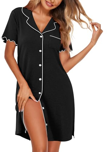 Ekouaer Nighties for Women Button up Short Sleeve Nightdress Black XXL