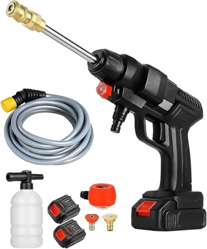 Idropulitrice a Doppia Batteria 48V 8000Mah, Ugello 6 in 1, Idropulitrice Portatile con 2 Batterie e Tubo da 5M, Pulitore ad Alta Pressione Senza Fili per Auto, Giardino, Pavimenti e Esterni