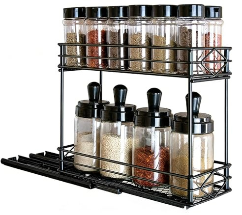 ASOUUNLD Organizador Deslizante de Especias de 2 Niveles, Especiero Cajón con Sistema de Rodamientos Especiero Deslizable, Fácil Instalación para Almacenar Frascos de Especias (26 x 22 x 11CM)