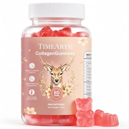 TIMEARTH Collagen Gummies for Skin Hair Nails - 600mg Marine Collagen Peptides, Vitamin C &Hyaluronic Acid, 4-in-1 Beauty Complex, 200mcg Biotin Anti Aging, 60 Gummies
