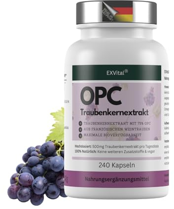EXVital® OPC Extracto de semilla de uva - 240 cápsulas - alta dosis de 500 mg por cápsula - procedente de uvas francesas - probado en laboratorio y vegano
