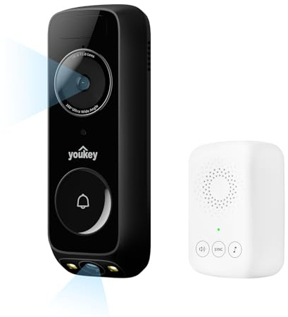 youkey Dual-cam Video Doorbell – See Visitor & Package at Once, No Monthly Fee, 2K Battery Doorbell with 5Ghz WiFi, Built-in 8GB Storage,Works with Alexa & Google Home, Chime Included, 2026 Updated