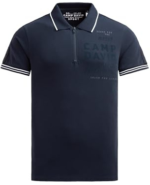 Camp David Herren Polo mit Zipper, Logo-Tapes und Prints Blue Navy, 4XL