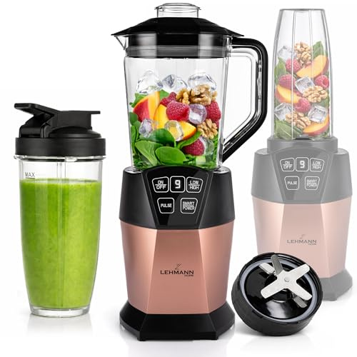 LEHMANN Blender & Smoothie Mixeur 2-en-1 avec Bol 1500 ml et Gobelet Portable 800 ml, 4 Programmes, Lames à 6 Couteaux en Acier Inoxydable, sans BPA, Nettoyage facile, Puissance 1000 W, Or rose