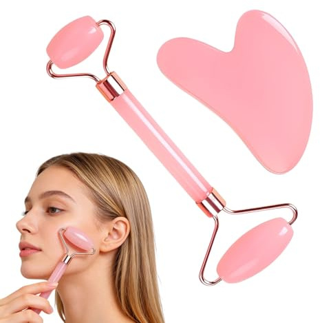 ZZHBOO 1 Set, Guanti Massaggio Viso in Quarzo Rosa, Rullo a Doppia Testa Manuale, Strumento di Bellezza per Viso e Corpo, Peeling e Contorno Occhi