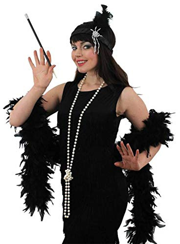 Flapper-Kostüm-Set, schwarzes Fransen-Kleid mit Fransen, schwarze Federboa, Zigarettenhalter, schwarzes Kopfstück, Charleston-Outfit der 1920er Jahre