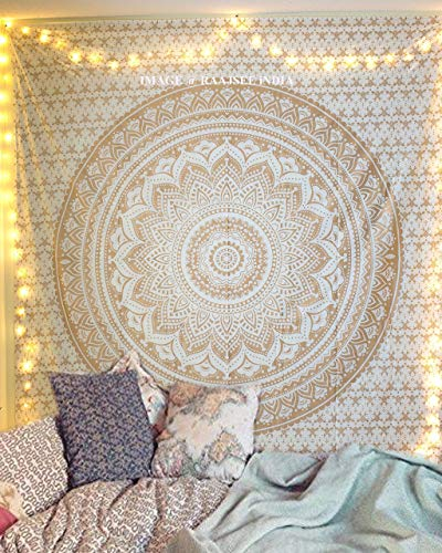 raajsee Wandteppich Mandala,Zimmer Deko, Weißes Gold Wandtuch Boho WandDeko,Wandbehang Psychedelic 132X208 CM