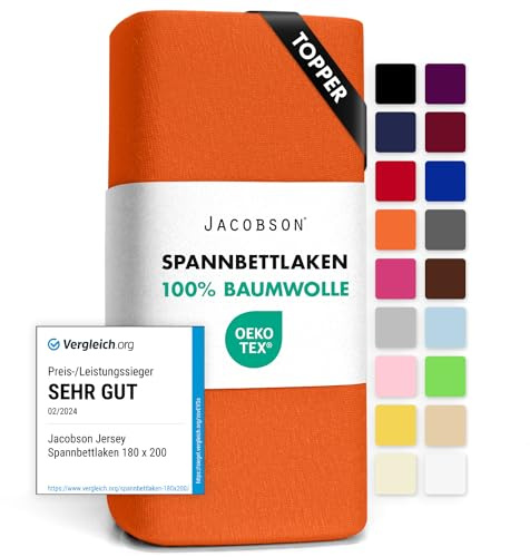 Jacobson Jersey Spannbettlaken Spannbetttuch Baumwolle Bettlaken (Topper 140-160x200 cm, Orange)