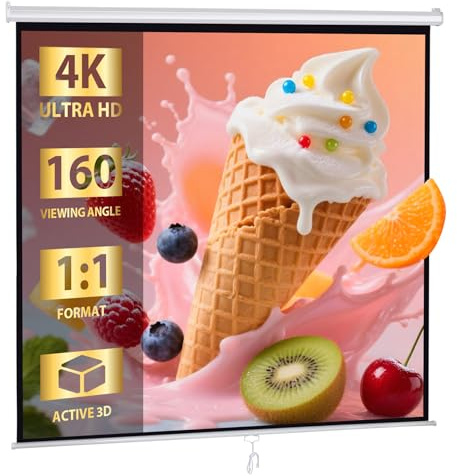 SUPER DEAL 120'' Projector Screen, Retractable Projection Screen Manual Pull Down HD Screen 1:1 Format for Home Cinema Theater Presentation Education Outdoor Indoor Public Display