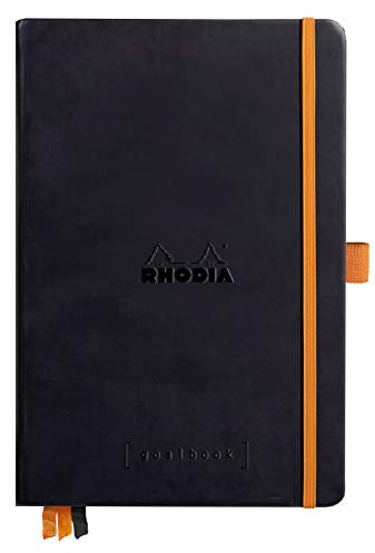RHODIA 118772C - Goalbook Rigid Notebook Black - A5 - Dotted Dot - 240 Pages - 90g Ivory Clairefontaine Paper - 3 Ribbons, Elastic Closure - Faux Leather Cover