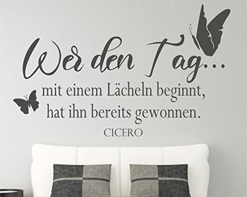 timalo® Modernes Wandtattoo fürs Wohnzimmer Spruch – Wer den Tag mit einem Lächeln beginnt Cicero | 75027-Anthrazit-M-100x58