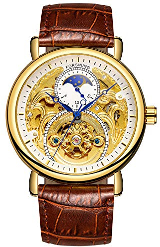 FORSINING Herren Analog Automatik Uhr Vintage AM/PM Sonne Mond Skeleton mit Kalbsleder aus Leder Armband, Gold White