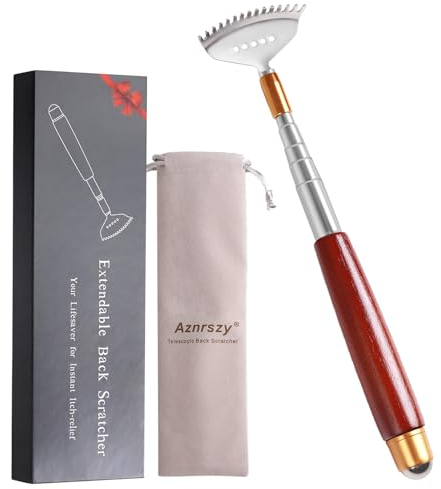 Aznrszy Back Scratcher for Women Men Extendable with Massage Roller Wooden Handle Long 24Inch, Rake Steel Claw, Face Head Scalp Foot Scratcher Sturdy Manual Massager Tool