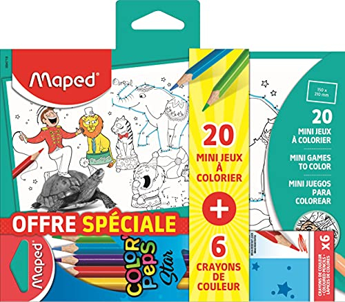 Maped - Praktisches Set zum Ausmalen – Notizbuch mit 20 Mini-Spielen zum Ausmalen + 6 Buntstifte Color'Peps – für Kinder ab 5 Jahren