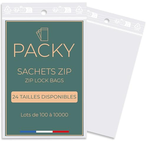 PACKY - Sachet Zip - Sachet Plastique Transparent - 24 Tailles Disponibles - 100 à 10000 pièces - Sac Congélation Zip - Pochon Refermable - Ziplock Bag - Petit et Grand - 14x22 Cm Lot De 100